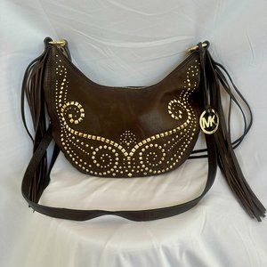 MICHAEL KORS WESTERN FRINGE PURSE RHEA CHOCOLATE LEATHER GOLD STUDDED